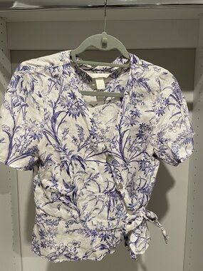 H&M Linen Blue Floral Wrap Top Size S
